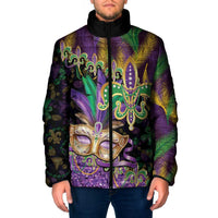 Fleur De Lis Mardi Gras Mask Padded Jacket 504 NOLA Carnival Feathers Glitter Effect