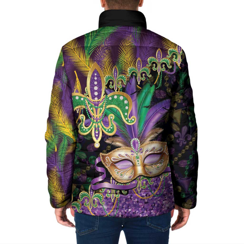 Fleur De Lis Mardi Gras Mask Padded Jacket 504 NOLA Carnival Feathers Glitter Effect