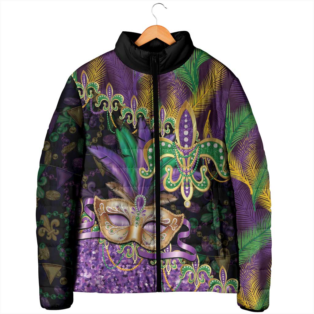 Fleur De Lis Mardi Gras Mask Padded Jacket 504 NOLA Carnival Feathers Glitter Effect