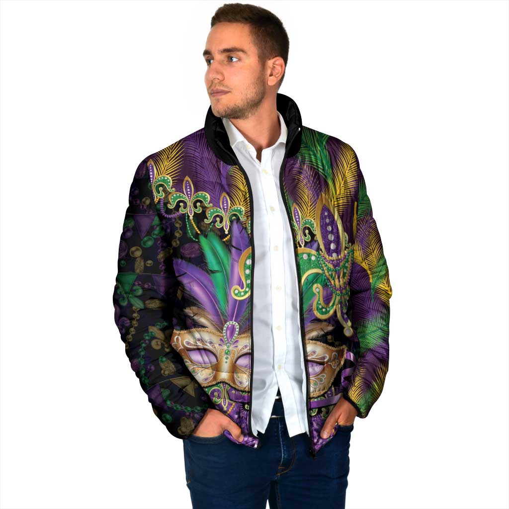 Fleur De Lis Mardi Gras Mask Padded Jacket 504 NOLA Carnival Feathers Glitter Effect