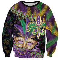 Fleur De Lis Mardi Gras Mask Sweatshirt 504 NOLA Carnival Feathers Glitter Effect