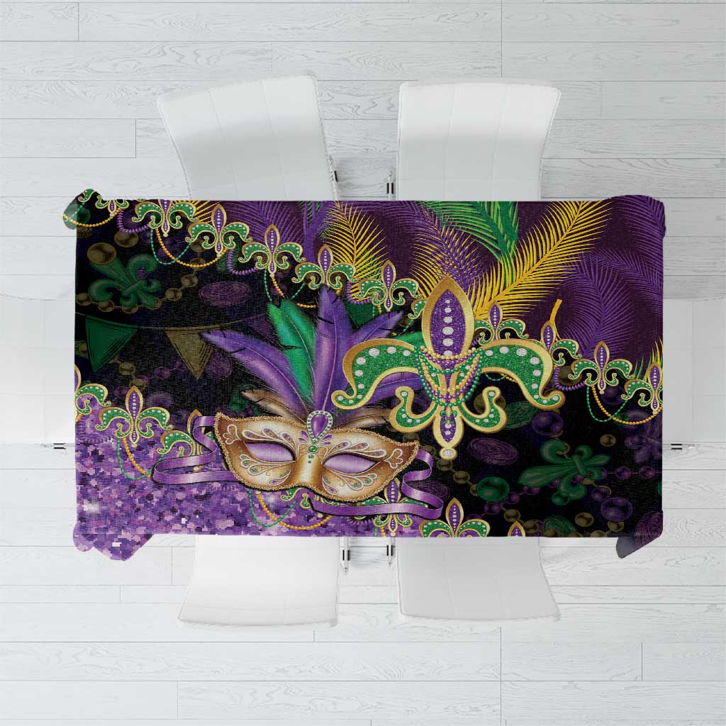 Fleur De Lis Mardi Gras Mask Tablecloth 504 NOLA Carnival Feathers Glitter Effect