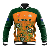 Unisex green and orange rugby baseball jacket with striped collar and Aboriginal art