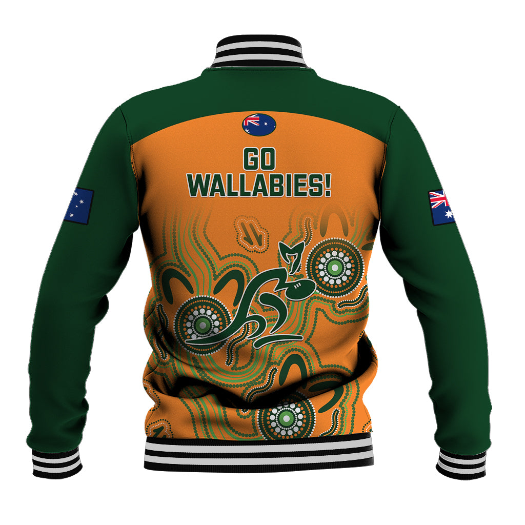 Unisex green and orange baseball jacket, Go Wallabies! back graphic with Aboriginal art