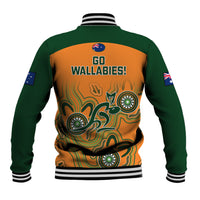 Unisex green and orange baseball jacket, Go Wallabies! back graphic with Aboriginal art