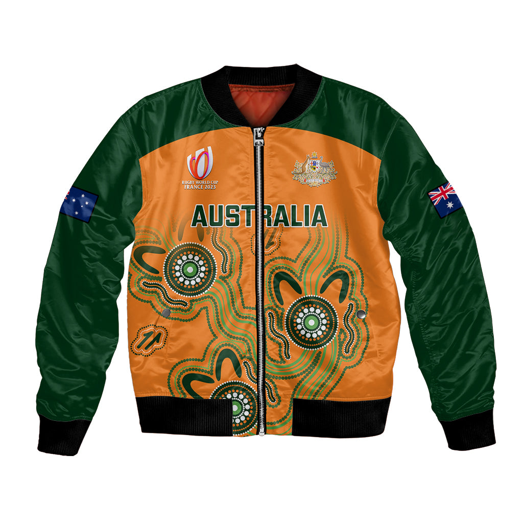 Unisex bomber jacket with green sleeves, orange Aboriginal-style front panels, zip closure