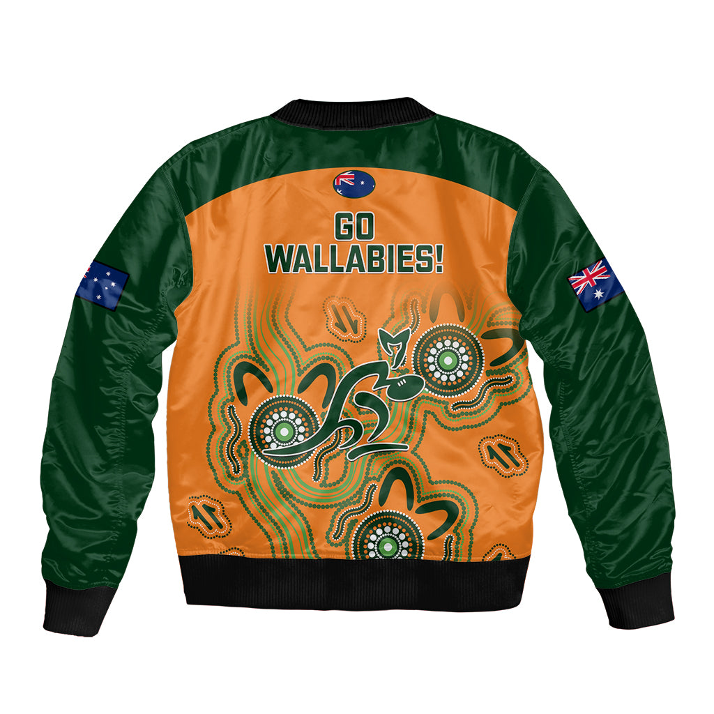 Unisex bomber jacket back with green sleeves, orange 'Go Wallabies!' print, ribbed hem