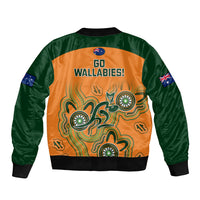 Unisex bomber jacket back with green sleeves, orange 'Go Wallabies!' print, ribbed hem