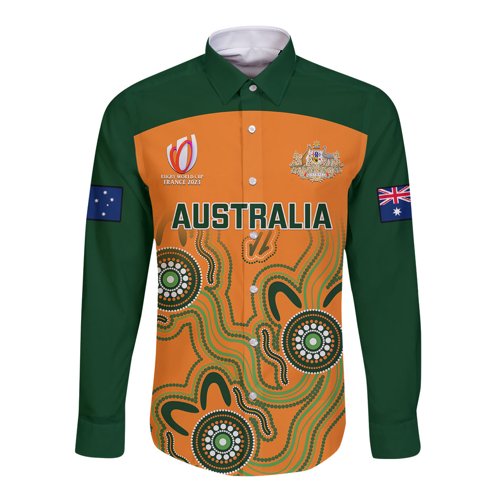 Australia Rugby Long Sleeve Button Shirt 2023 Go Wallabies Aboriginal World Cup - Wonder Print Shop