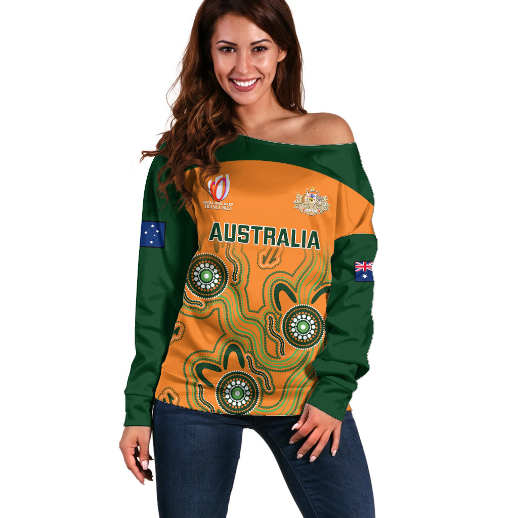 Australia Rugby Off Shoulder Sweater 2023 Go Wallabies Aboriginal World Cup - Wonder Print Shop