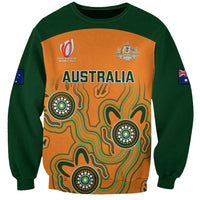 Unisex green and orange Australia rugby sweatshirt with Aboriginal art front graphic