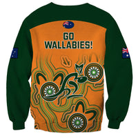 Unisex green and orange rugby sweatshirt with "GO WALLABIES!" back graphic and flags