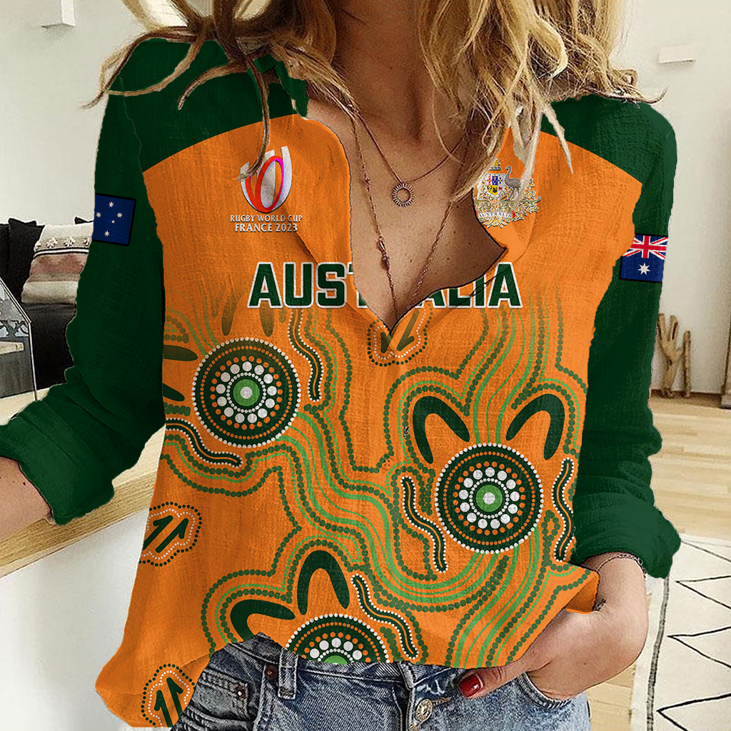 personalised-australia-rugby-women-casual-shirt-2023-go-wallabies-aboriginal-world-cup