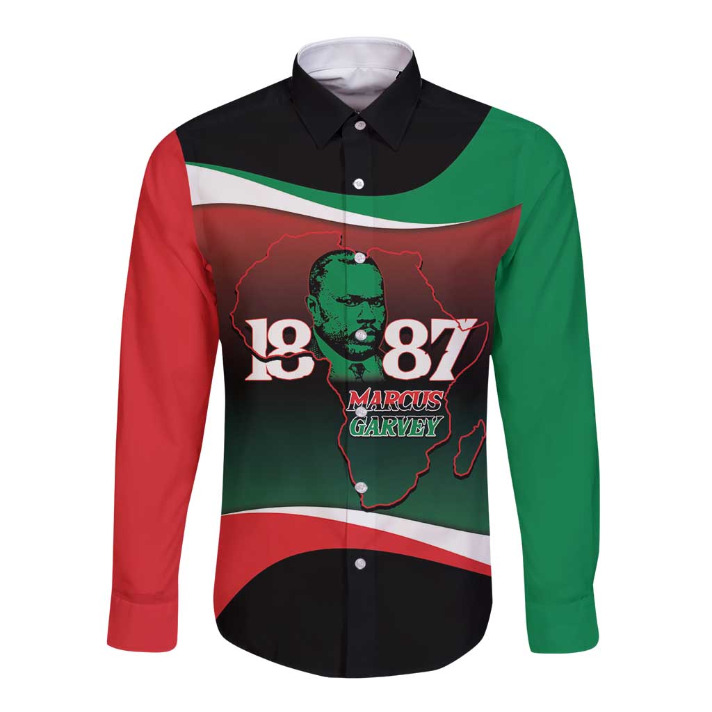 Marcus Garvey 1887 Long Sleeve Button Shirt African Map Curves Style - Wonder Print Shop