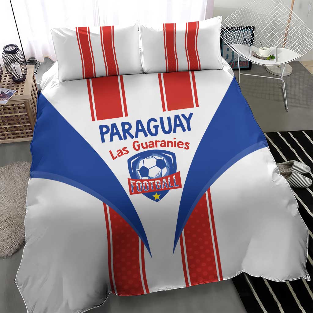 Paraguay football bedding set with white duvet, blue crest panel, and red vertical stripe accents