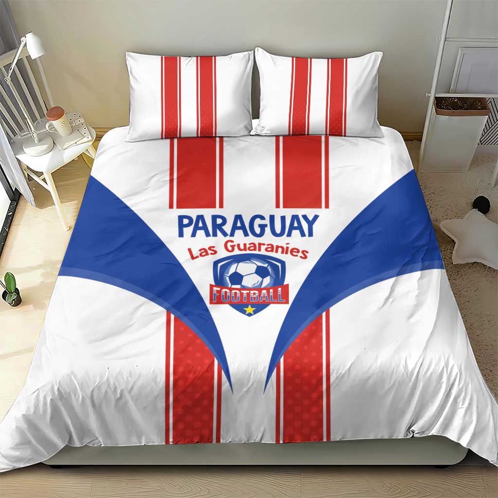 Paraguay football bedding set: white duvet with blue center panel and red vertical stripes