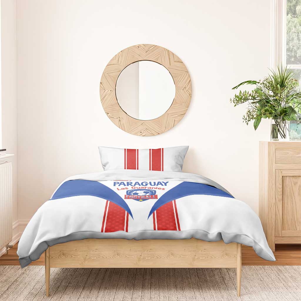 Paraguay football bedding set with white duvet, blue emblem area, and red vertical stripes