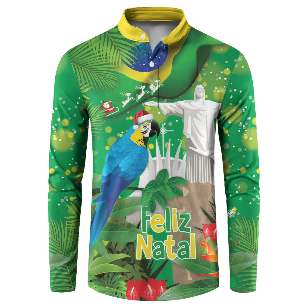 Christmas In July Brazil Button Sweatshirt Feliz Natal Blue Macaw Santa Tropical Vibes