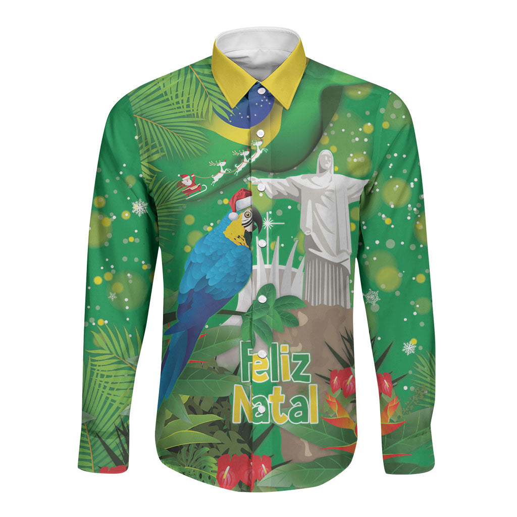 Christmas In July Brazil Long Sleeve Button Shirt Feliz Natal Blue Macaw Santa Tropical Vibes