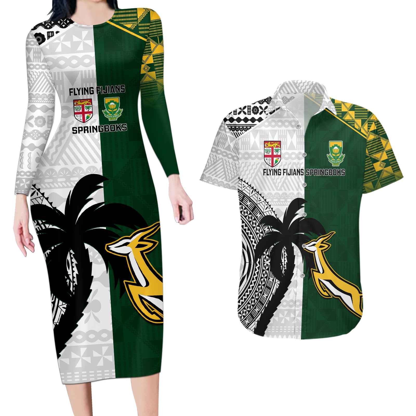 South Africa And Fiji Rugby Couples Matching Long Sleeve Bodycon Dress and Hawaiian Shirt 2023 World Cup Fijian Tapa With Kente Pattern - Wonder Print Shop