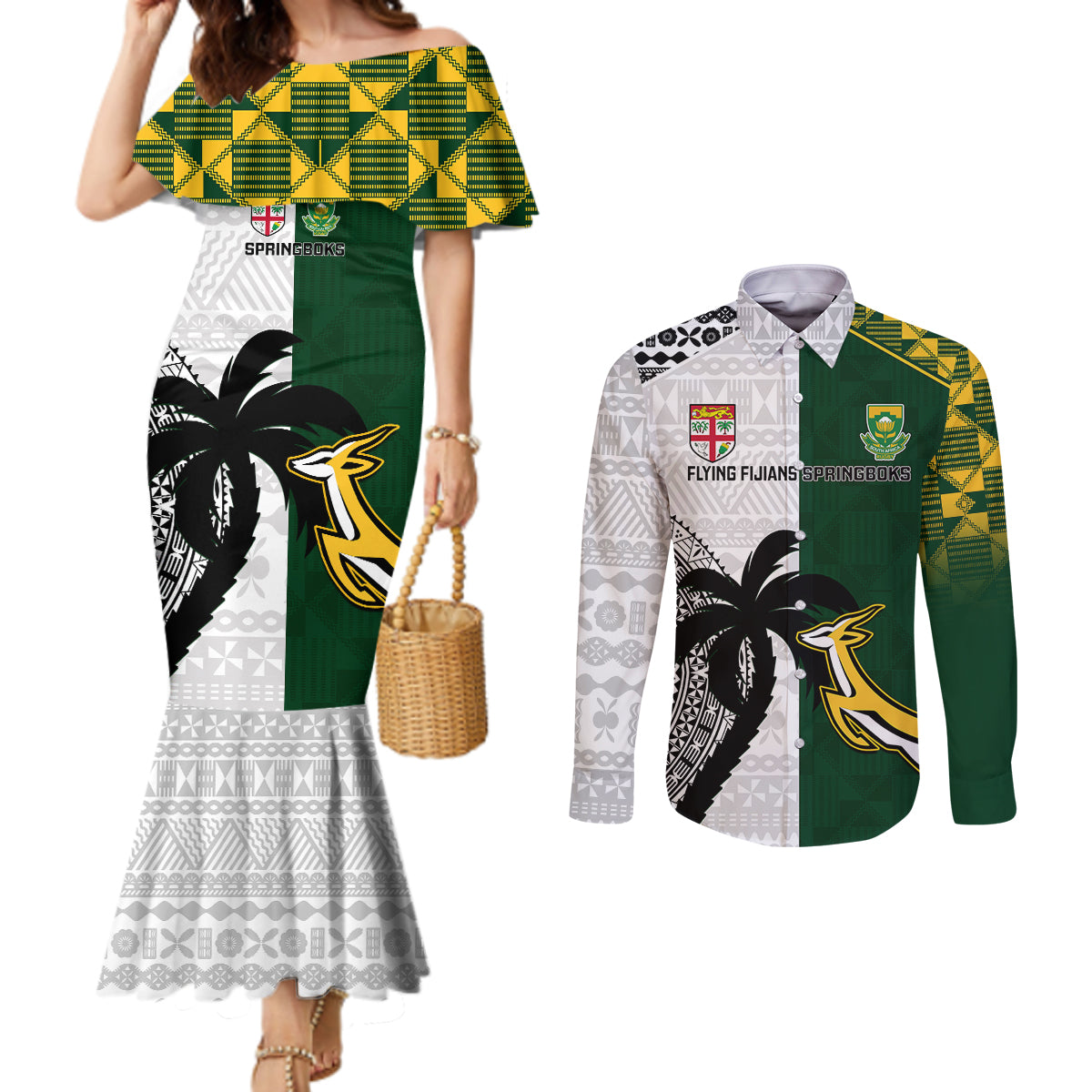 south-africa-and-fiji-rugby-couples-matching-mermaid-dress-and-long-sleeve-button-shirts-2023-world-cup-fijian-tapa-with-kente-pattern