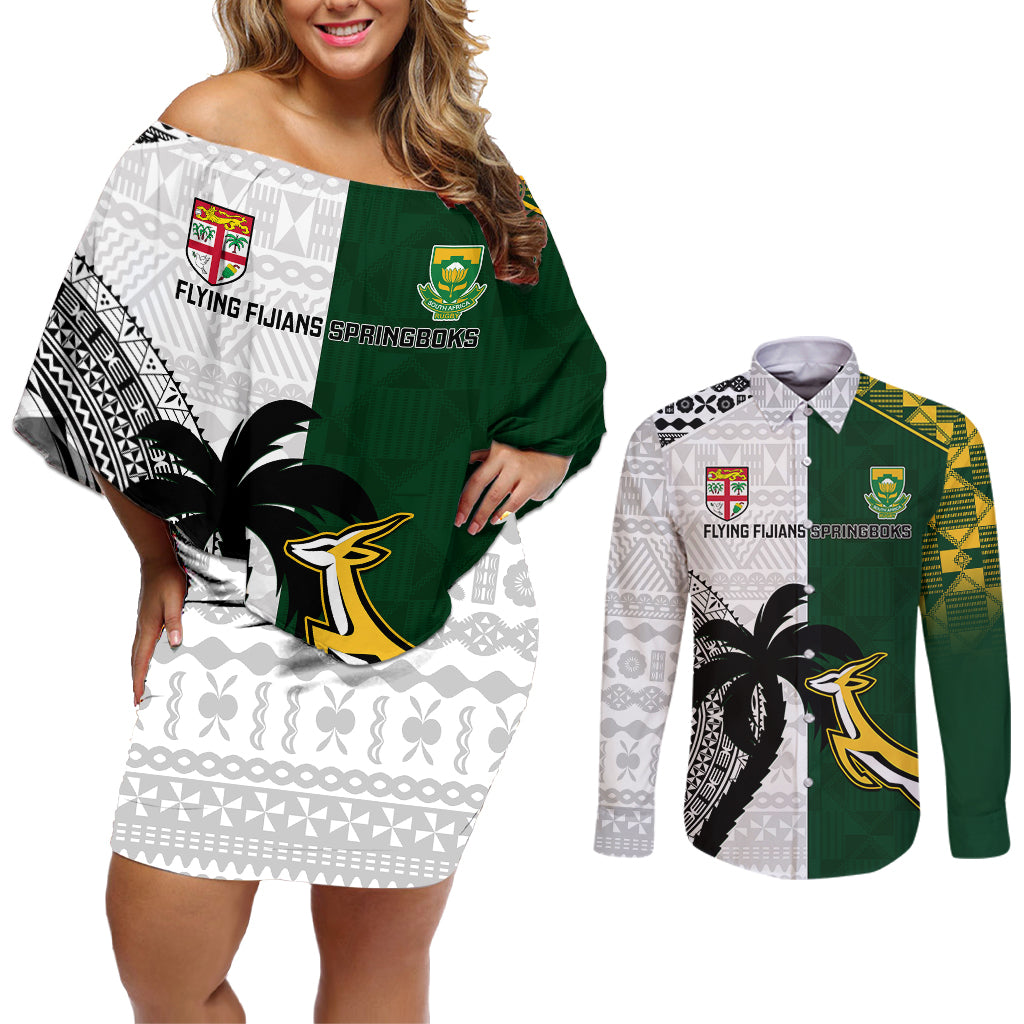 South Africa And Fiji Rugby Couples Matching Off Shoulder Short Dress and Long Sleeve Button Shirts 2023 World Cup Fijian Tapa With Kente Pattern - Wonder Print Shop