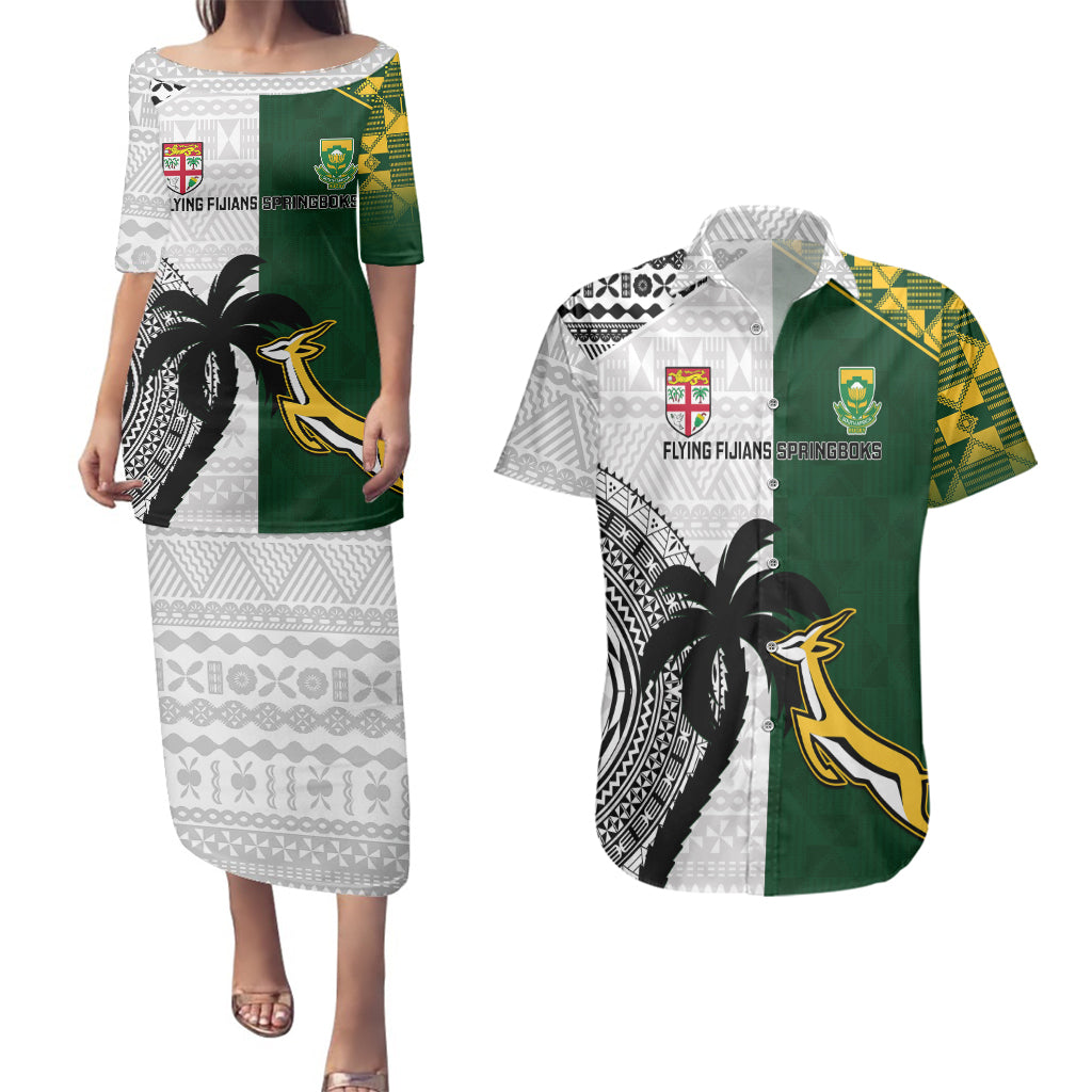 South Africa And Fiji Rugby Couples Matching Puletasi Dress and Hawaiian Shirt 2023 World Cup Fijian Tapa With Kente Pattern - Wonder Print Shop