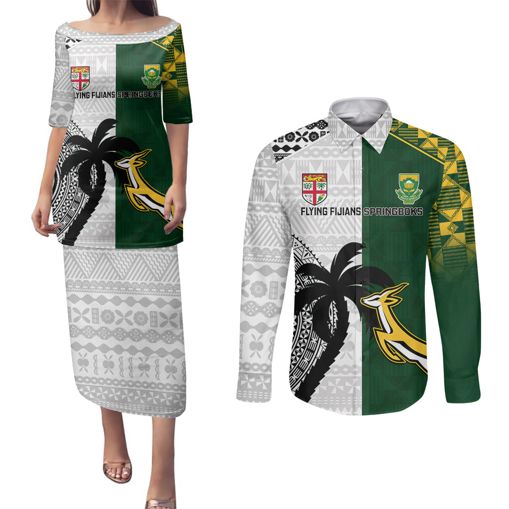 South Africa And Fiji Rugby Couples Matching Puletasi Dress and Long Sleeve Button Shirts 2023 World Cup Fijian Tapa With Kente Pattern - Wonder Print Shop