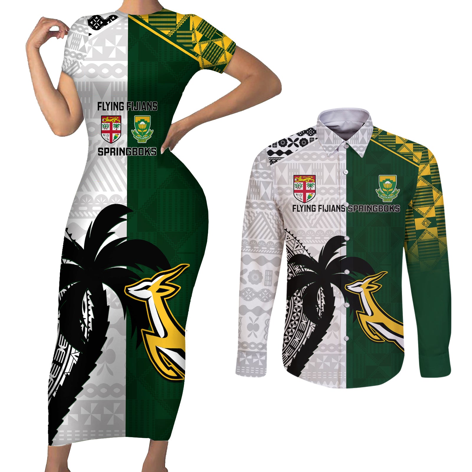 South Africa And Fiji Rugby Couples Matching Short Sleeve Bodycon Dress and Long Sleeve Button Shirts 2023 World Cup Fijian Tapa With Kente Pattern - Wonder Print Shop