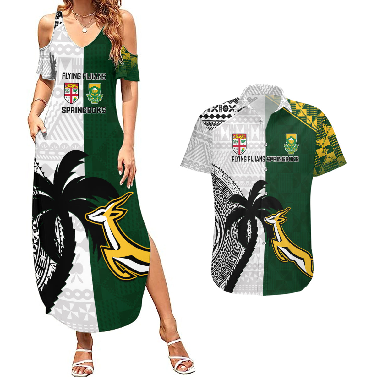 South Africa And Fiji Rugby Couples Matching Summer Maxi Dress and Hawaiian Shirt 2023 World Cup Fijian Tapa With Kente Pattern - Wonder Print Shop