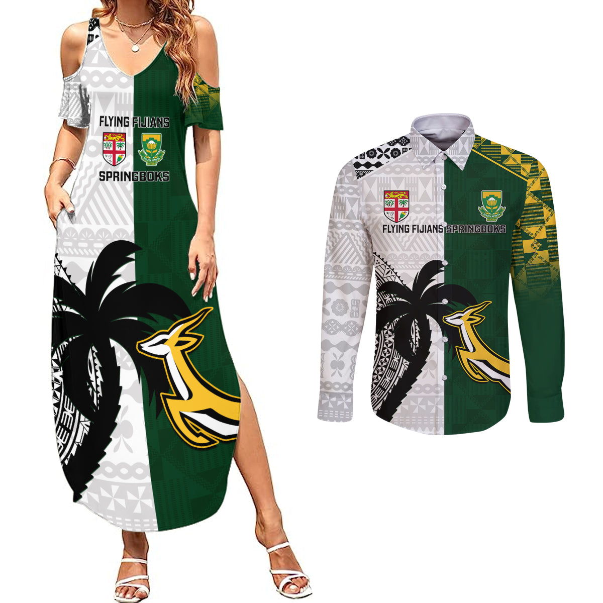 South Africa And Fiji Rugby Couples Matching Summer Maxi Dress and Long Sleeve Button Shirts 2023 World Cup Fijian Tapa With Kente Pattern - Wonder Print Shop