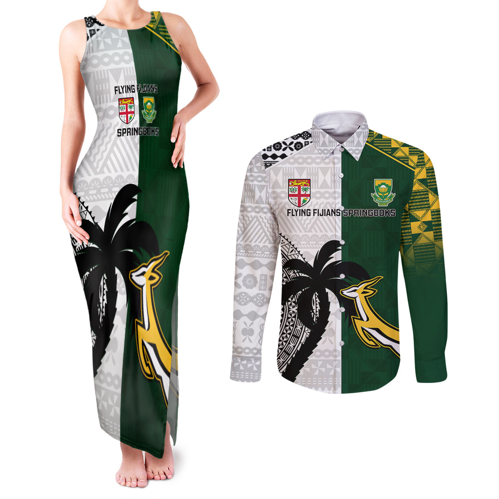 South Africa And Fiji Rugby Couples Matching Tank Maxi Dress and Long Sleeve Button Shirts 2023 World Cup Fijian Tapa With Kente Pattern - Wonder Print Shop