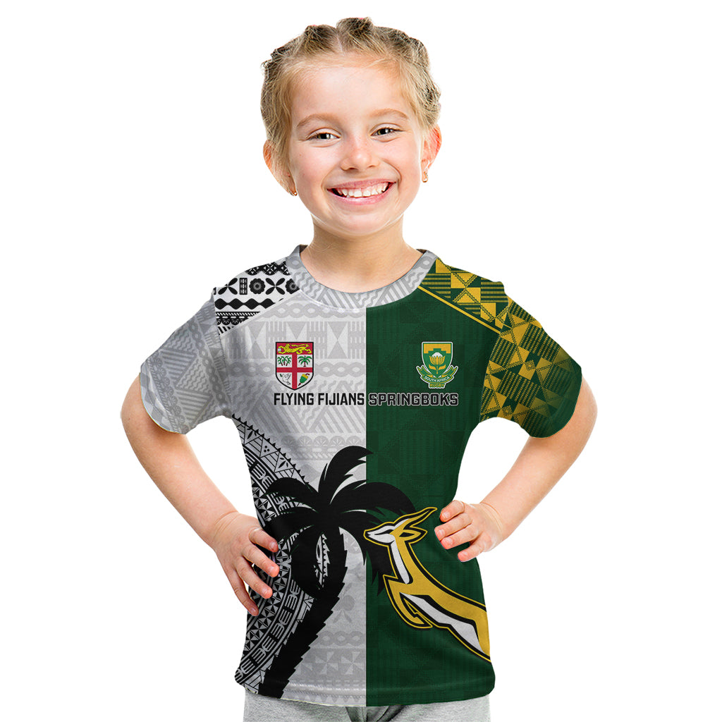 South Africa And Fiji Rugby Kid T Shirt 2023 World Cup Fijian Tapa With Kente Pattern - Wonder Print Shop