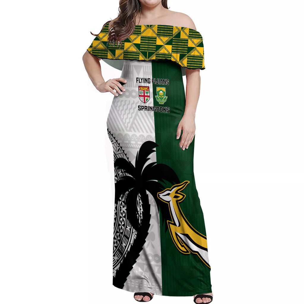 South Africa And Fiji Rugby Off Shoulder Maxi Dress 2023 World Cup Fijian Tapa With Kente Pattern - Wonder Print Shop