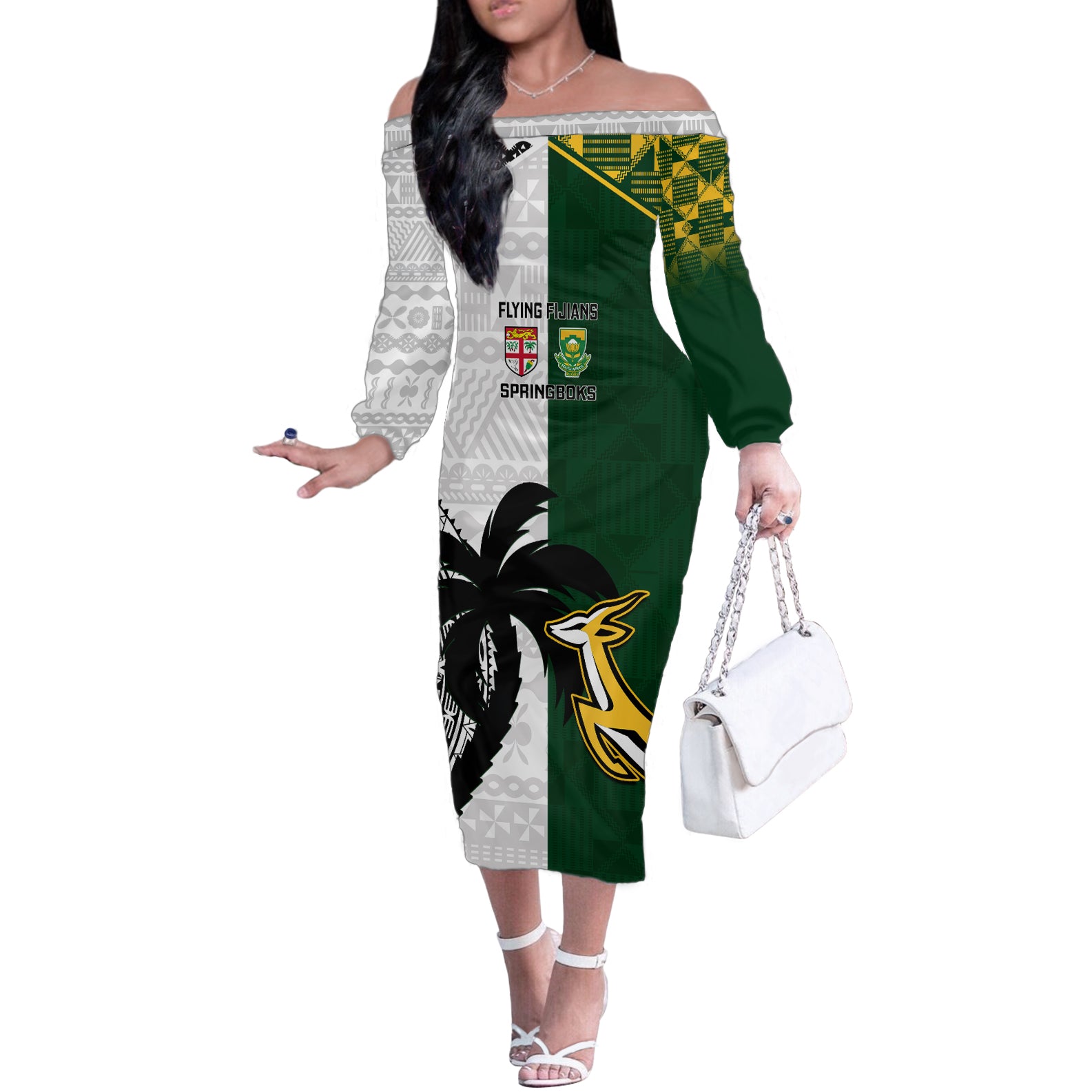 South Africa And Fiji Rugby Off The Shoulder Long Sleeve Dress 2023 World Cup Fijian Tapa With Kente Pattern - Wonder Print Shop