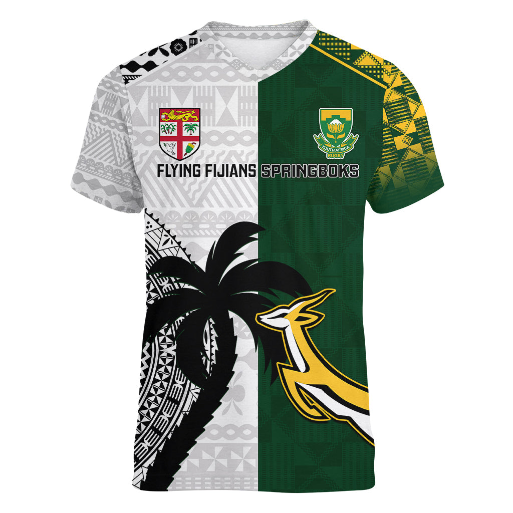 south-africa-and-fiji-rugby-women-v-neck-t-shirt-2023-world-cup-fijian-tapa-with-kente-pattern