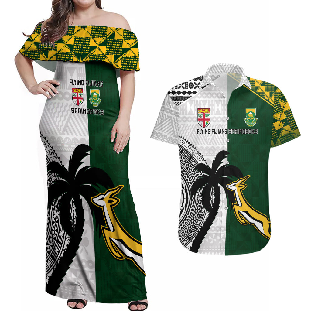 Custom South Africa And Fiji Rugby Couples Matching Off Shoulder Maxi Dress and Hawaiian Shirt 2023 World Cup Fijian Tapa With Kente Pattern - Wonder Print Shop