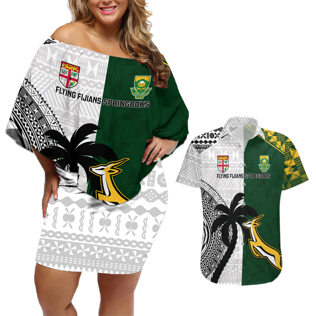 Custom South Africa And Fiji Rugby Couples Matching Off Shoulder Short Dress and Hawaiian Shirt 2023 World Cup Fijian Tapa With Kente Pattern - Wonder Print Shop