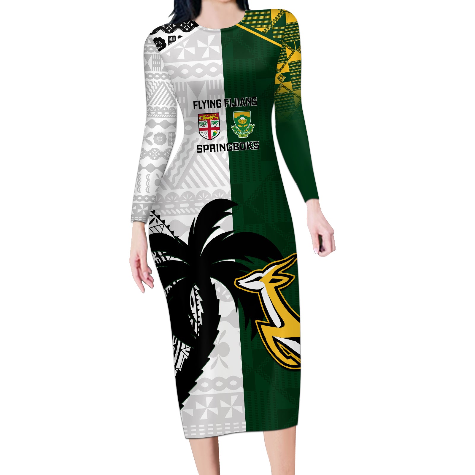 Custom South Africa And Fiji Rugby Long Sleeve Bodycon Dress 2023 World Cup Fijian Tapa With Kente Pattern - Wonder Print Shop