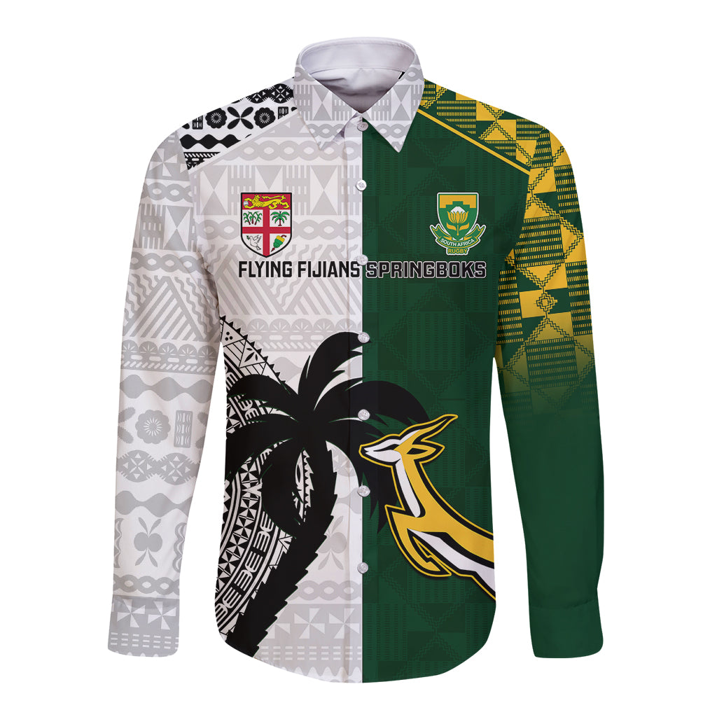 Green and white long-sleeve rugby button shirt with tapa-style patterns and front graphic