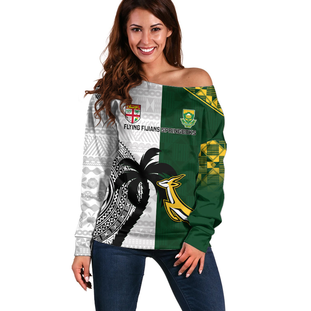 Custom South Africa And Fiji Rugby Off Shoulder Sweater 2023 World Cup Fijian Tapa With Kente Pattern - Wonder Print Shop