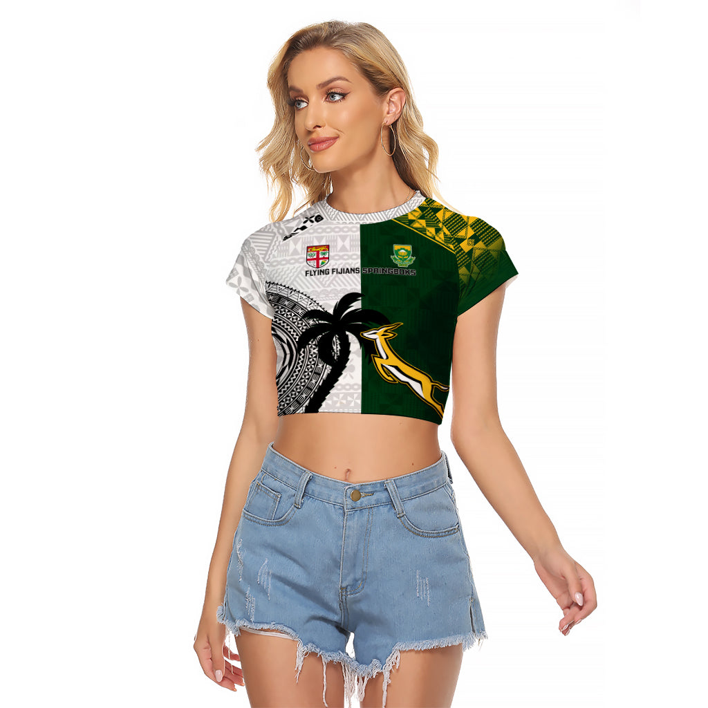 Custom South Africa And Fiji Rugby Raglan Cropped T Shirt 2023 World Cup Fijian Tapa With Kente Pattern - Wonder Print Shop