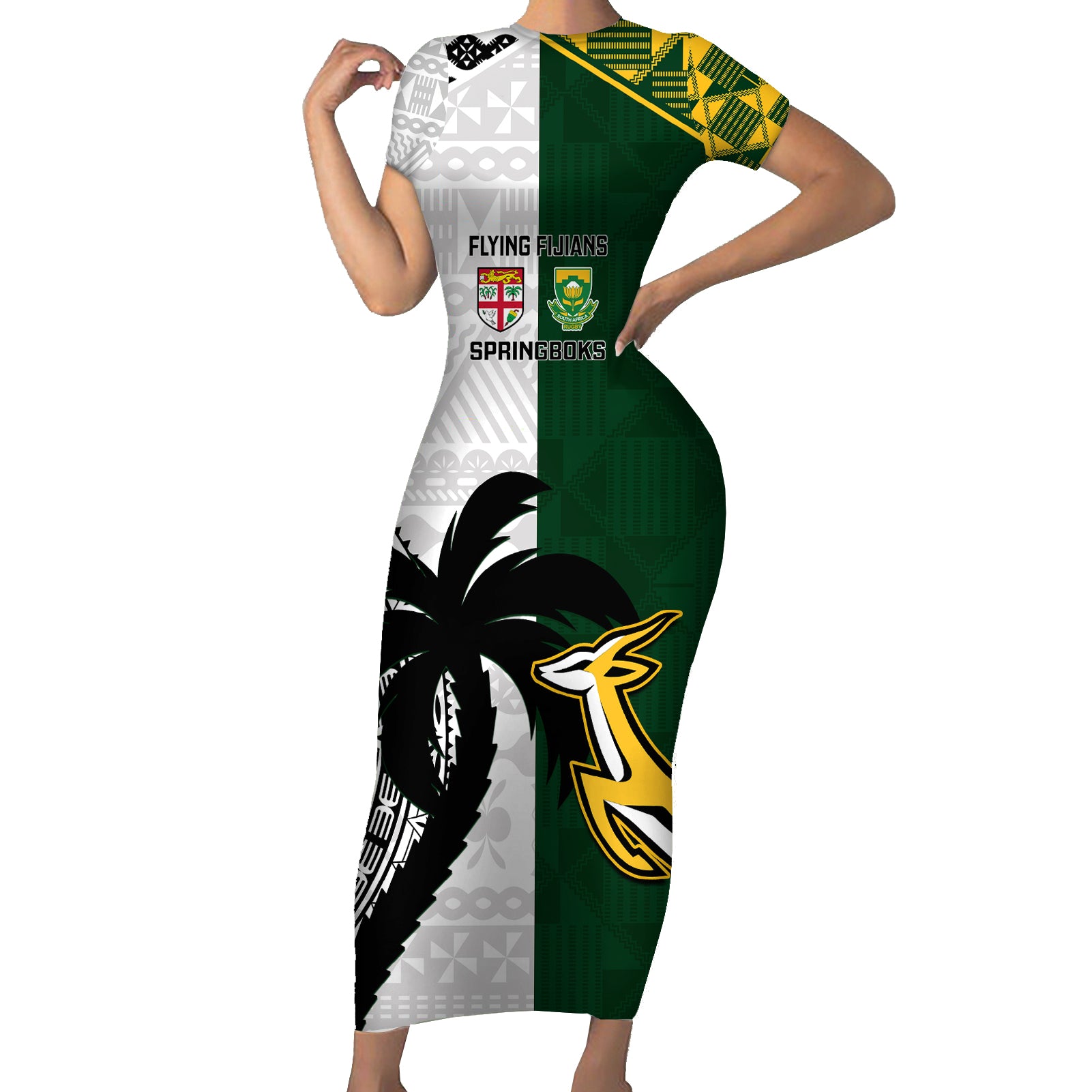 custom-south-africa-and-fiji-rugby-short-sleeve-bodycon-dress-2023-world-cup-fijian-tapa-with-kente-pattern