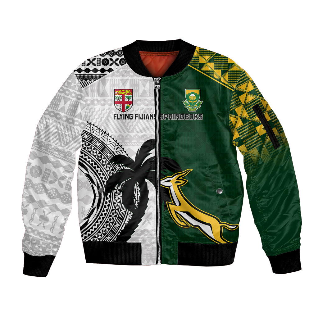 Custom South Africa And Fiji Rugby Sleeve Zip Bomber Jacket 2023 World Cup Fijian Tapa With Kente Pattern - Wonder Print Shop