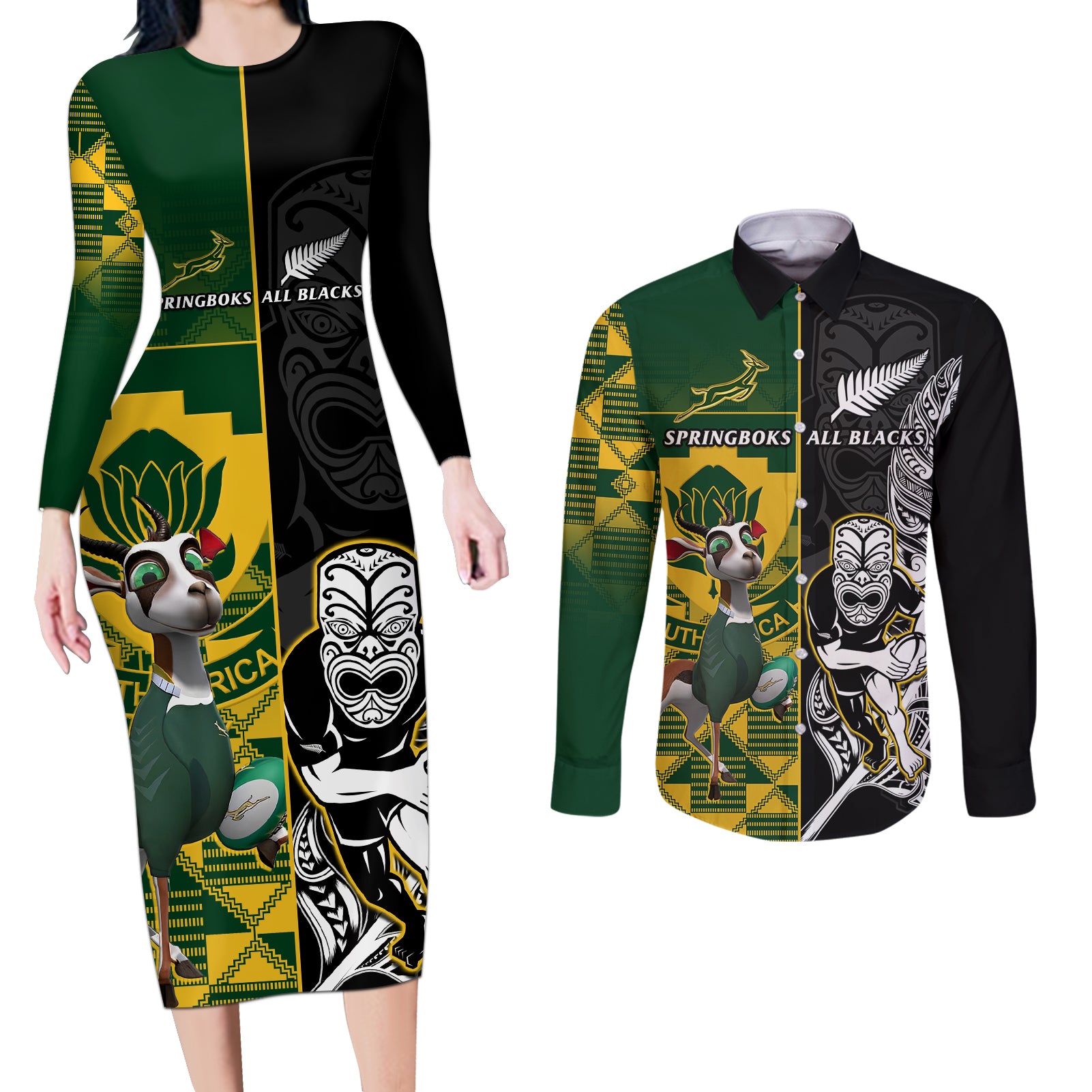 South Africa And Aotearoa Rugby Couples Matching Long Sleeve Bodycon Dress and Long Sleeve Button Shirts 2023 Springboks Kente Combine All Black Maori Fern - Wonder Print Shop