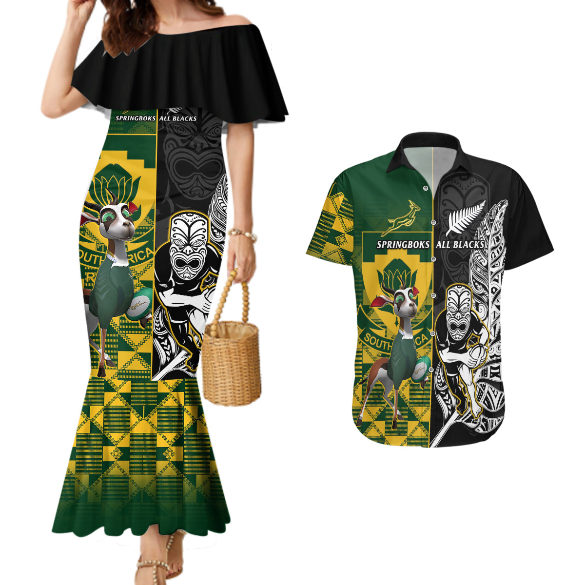 South Africa And Aotearoa Rugby Couples Matching Mermaid Dress and Hawaiian Shirt 2023 Springboks Kente Combine All Black Maori Fern - Wonder Print Shop