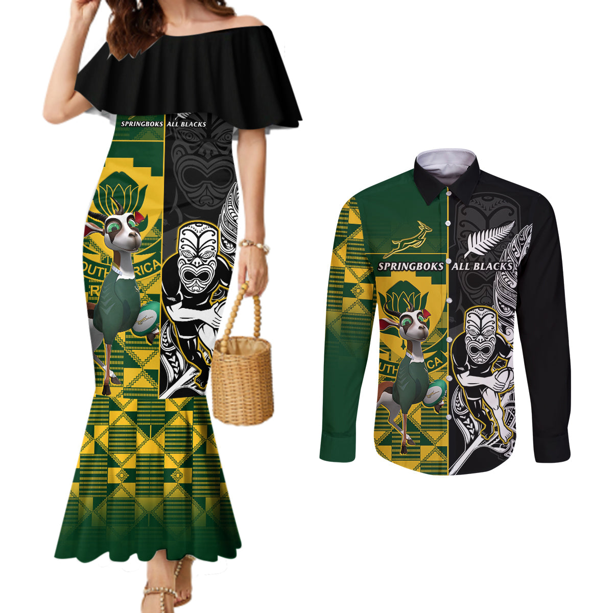 south-africa-and-aotearoa-rugby-couples-matching-mermaid-dress-and-long-sleeve-button-shirts-2023-springboks-kente-combine-all-black-maori-fern