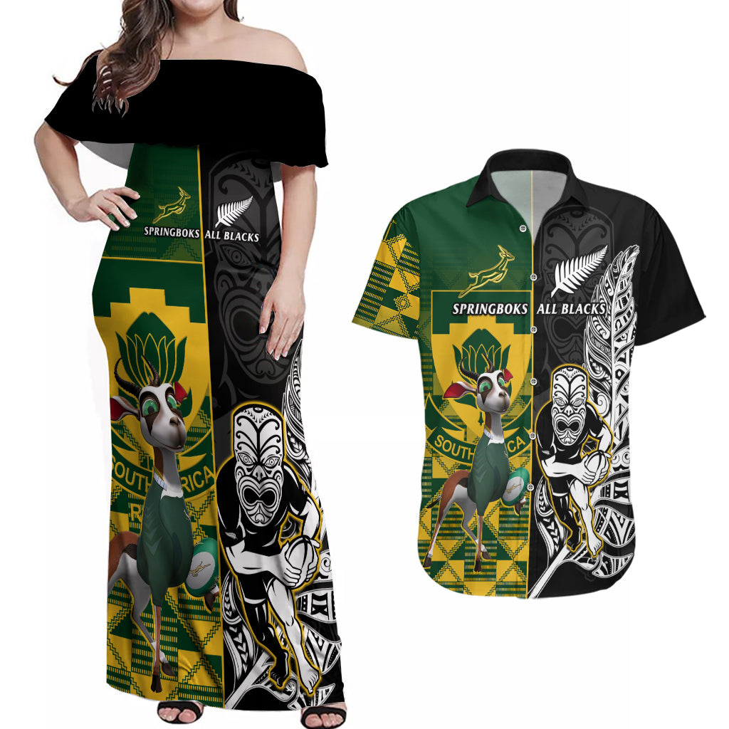 South Africa And Aotearoa Rugby Couples Matching Off Shoulder Maxi Dress and Hawaiian Shirt 2023 Springboks Kente Combine All Black Maori Fern - Wonder Print Shop