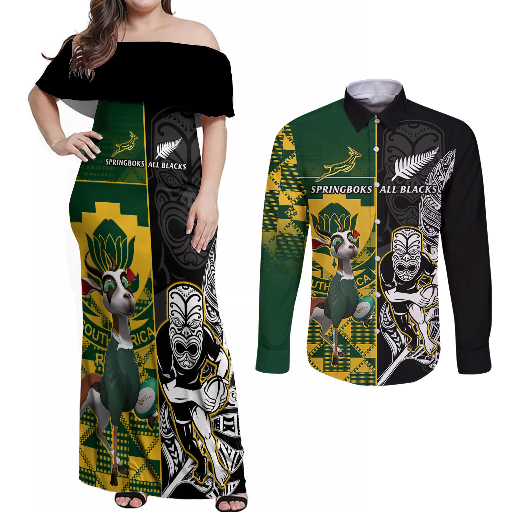 South Africa And Aotearoa Rugby Couples Matching Off Shoulder Maxi Dress and Long Sleeve Button Shirts 2023 Springboks Kente Combine All Black Maori Fern - Wonder Print Shop