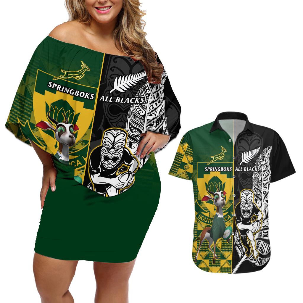 South Africa And Aotearoa Rugby Couples Matching Off Shoulder Short Dress and Hawaiian Shirt 2023 Springboks Kente Combine All Black Maori Fern - Wonder Print Shop